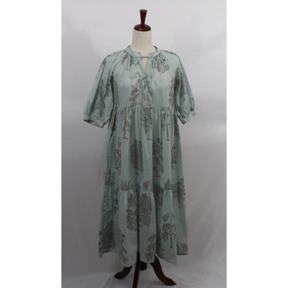 MATTA Sz S Small Aqua Stripe Short Elbow Sleeve Midi Dress Cotton Katia Trees - Picture 9 of 11